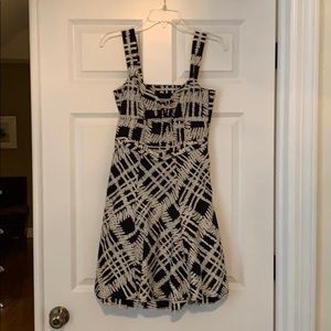 KAREN MILLEN Dress Navy/Ivory, Corset style bodice, Flounced flared skirt.